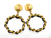 Authentic vintage Chanel earrings Clover Round Clip Black Leather Chain Hoop dangled
