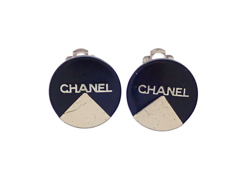 Authentic vintage Chanel earrings Black Round Silver Logo Quadrant