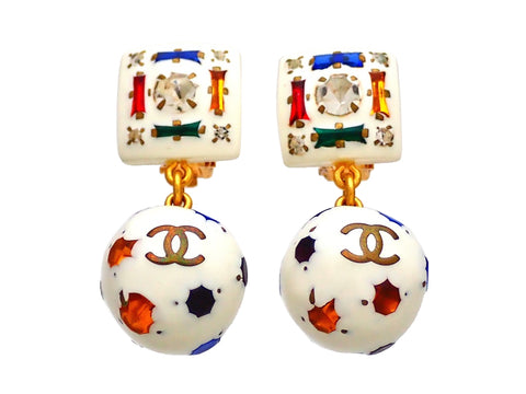 Authentic vintage Chanel earrings Multi Color Stones Square Clip CC logo Ball Dangled