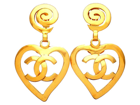 Authentic vintage Chanel earrings Whorl Clip Heart CC logo Dangled