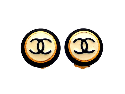 Authentic vintage Chanel earrings Black White Round CC logo
