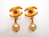 Authentic vintage Chanel earrings turnlock CC logo double C clip Faux Pearl Dangled