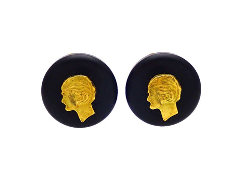 Authentic vintage Chanel earrings Black Round Gold COCO Profile