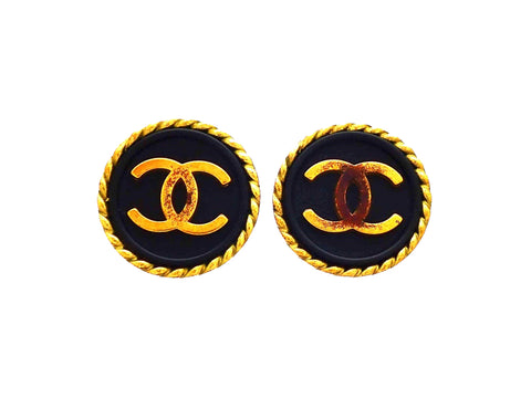 Authentic vintage Chanel earrings Rope Framed Black Round Gold CC logo