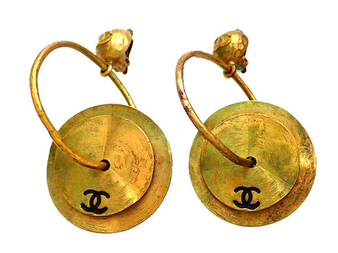 Authentic vintage Chanel earrings dark gold hoop CC logo two round plates dangled