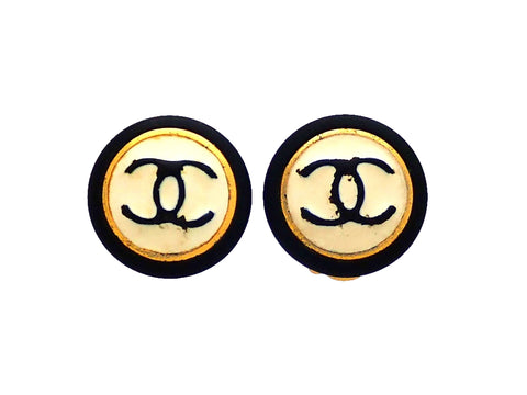 Authentic vintage Chanel earrings black white CC logo round