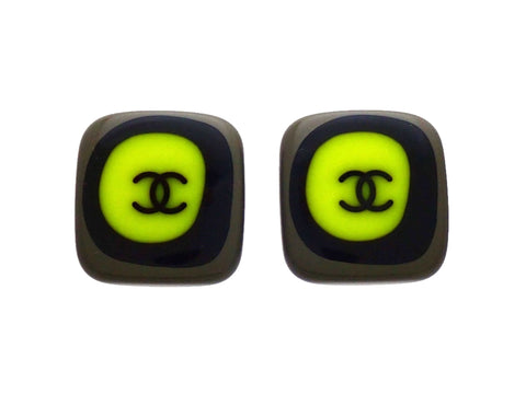 Authentic vintage Chanel earrings Gray Black Green Square CC logo