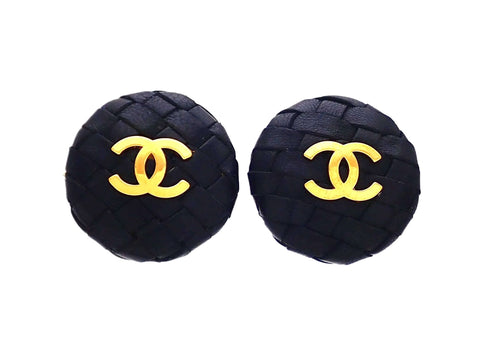 Authentic vintage Chanel earrings Mesh Black Leather CC logo Round