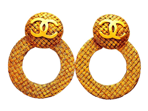 Authentic vintage Chanel earrings 2-way Mesh CC Logo Clip Round Hoop Dangled