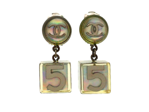 Authentic vintage Chanel earrings Silver Clear Round CC Logo No.5 Cube Dangled