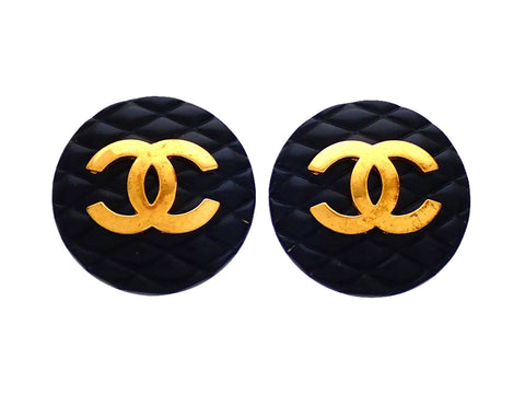 Authentic vintage Chanel earrings Quilted Black Round Gold CC logo