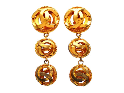 Authentic vintage Chanel earrings Gold CC logo Ball Dangled
