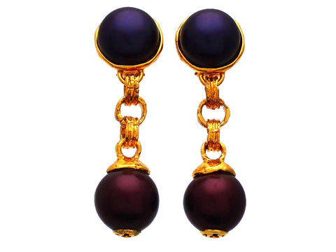 Authentic vintage Chanel earrings Dark Blue Red Faux Pearl Balls CC logo Dangled