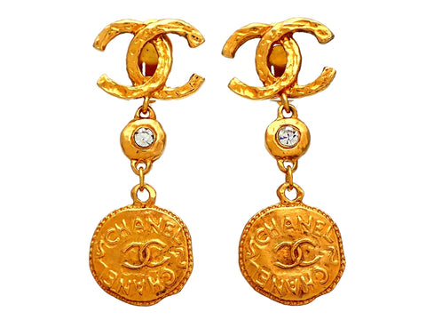 Authentic vintage Chanel earrings CC logo Glass Stone Medal Dangled