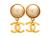 Authentic vintage Chanel earrings Faux Pearl Round CC logo Double C Dangled