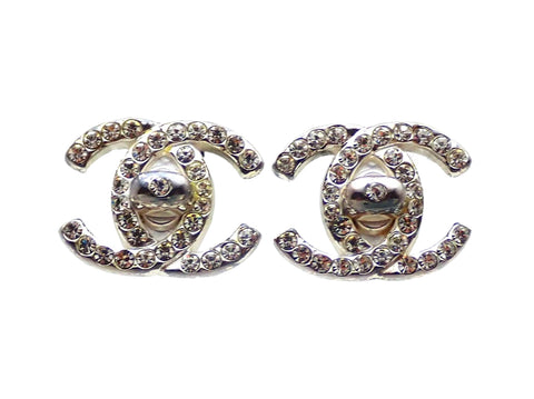 Authentic vintage Chanel earrings Silver Turnlock CC Logo Double C Rhinestone