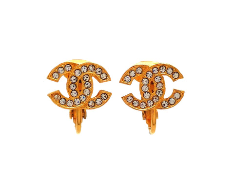 Authentic vintage Chanel earrings Gold CC logo Rhinestone