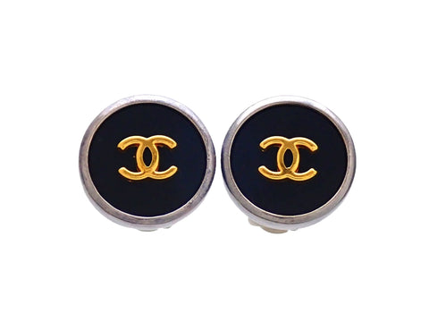 Authentic vintage Chanel earrings Silver Black Round Gold CC logo