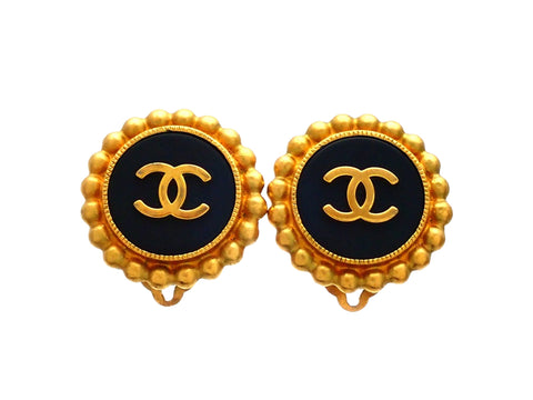 Authentic vintage Chanel earrings black and gold round CC logo