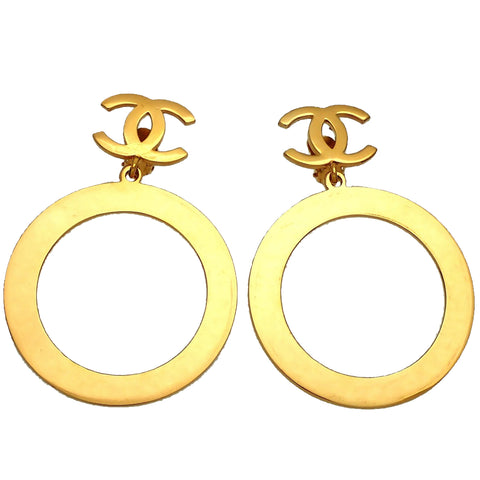 Authentic vintage Chanel earrings gold CC logo clip huge hoop dangled