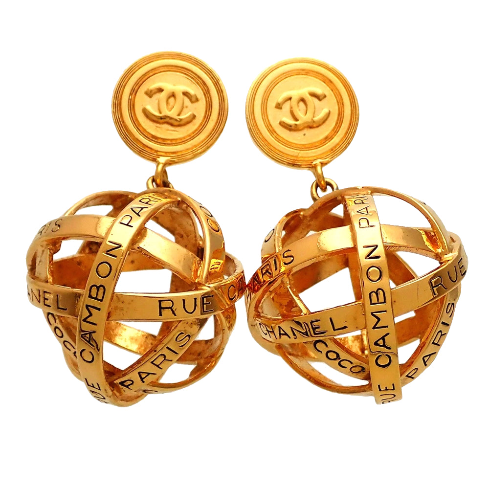 Authentic vintage Chanel earrings CC logo Paris Rue Cambon Ball Dangle