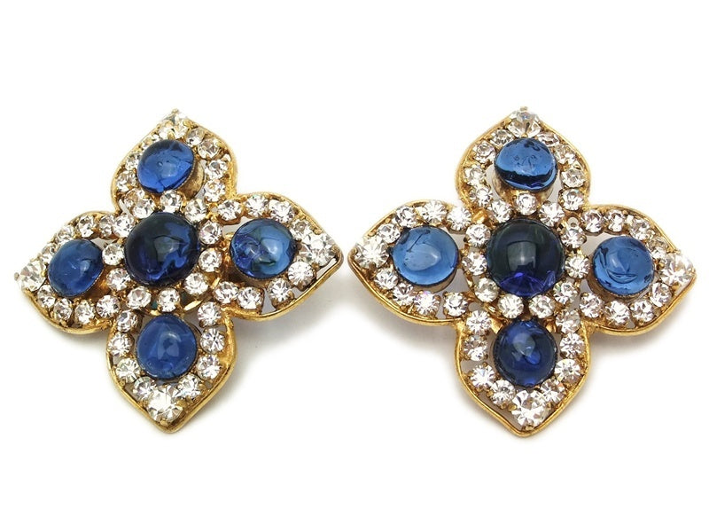 Authentic vintage Chanel earrings blue gripoix glass rhinestone flower
