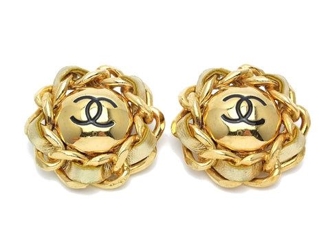 Authentic vintage Chanel earrings CC gold leather chain round