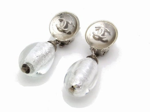 Authentic vintage Chanel earrings silver CC swing clear drop dangle