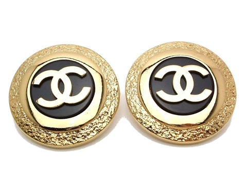 Authentic vintage Chanel earrings black gold CC round
