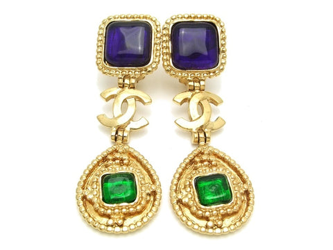 Authentic vintage Chanel earrings gold CC green navy blue glass dangle