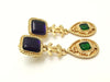 Authentic vintage Chanel earrings gold CC green navy blue glass dangle