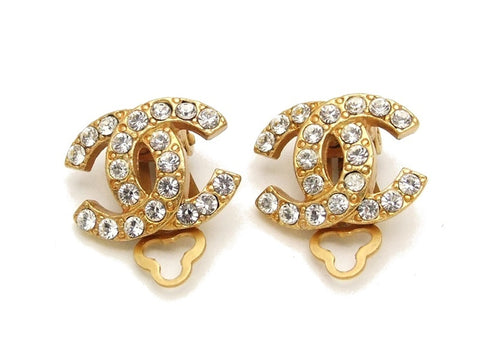 Authentic vintage Chanel earrings gold CC rhinestone small