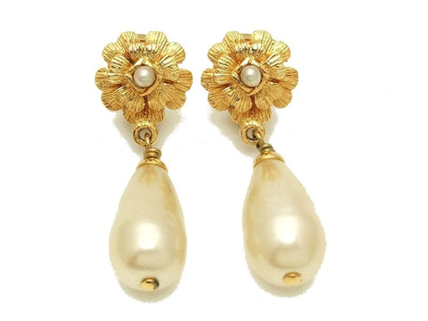 Authentic vintage Chanel earrings gold camellia swing pearl dangle