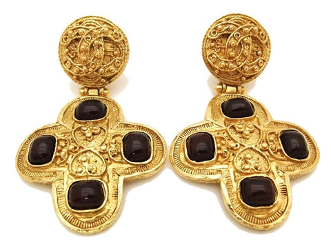 Authentic vintage Chanel earrings gold CC cross red glass stone dangle
