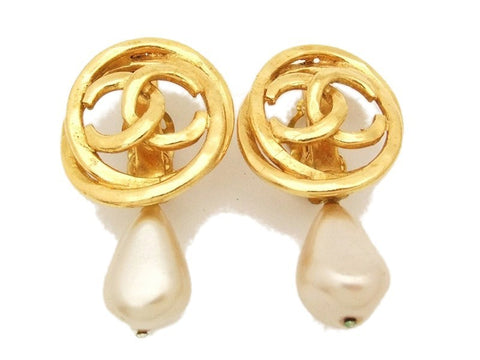 Authentic vintage Chanel earrings gold CC pearl dangle large