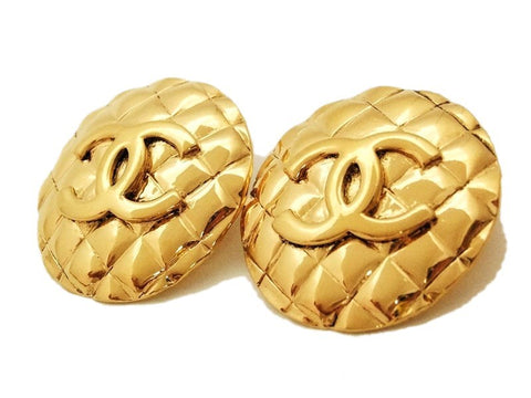 Authentic vintage Chanel earrings gold CC quilted round large clip on