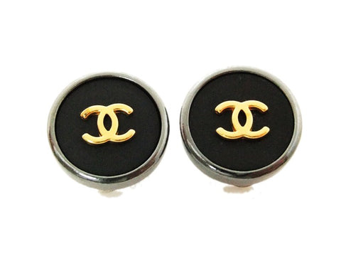 Authentic vintage Chanel earrings gold CC black round small clip on