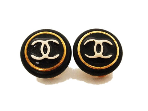 Authentic vintage Chanel earrings white CC black plastic round small