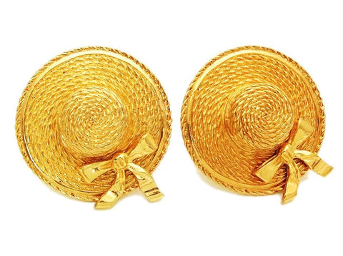 Authentic vintage Chanel earrings gold straw hat large round clip on