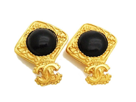 Authentic vintage Chanel earrings gold CC black glass stone rhombus