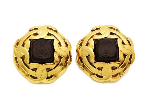 Authentic vintage Chanel earrings red square stone gold 4 CC round