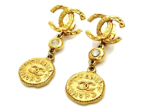 Authentic vintage Chanel earrings gold CC rhinestone logo medal dangle
