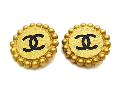 Authentic vintage Chanel earrings black CC gold round classic clip on