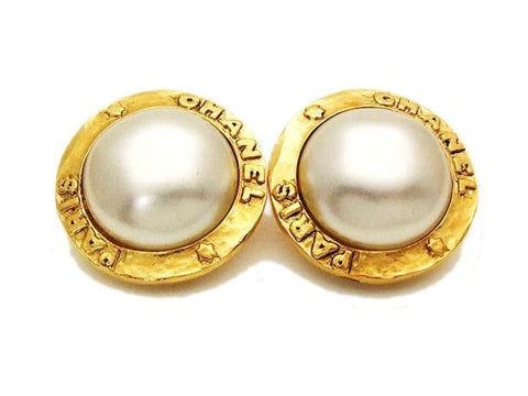 Authentic vintage Chanel earrings pearl gold logo round classic