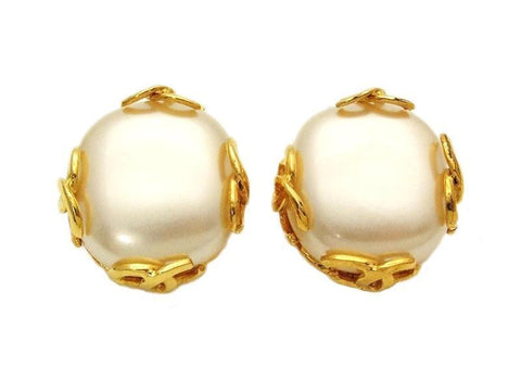 Authentic vintage Chanel earrings pearl gold CC round classic clip on