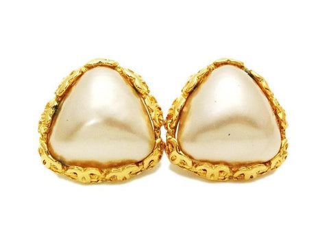Authentic vintage Chanel earrings pearl gold CC frame triangle clip on
