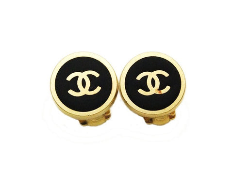 Authentic vintage Chanel earrings gold CC black round real small
