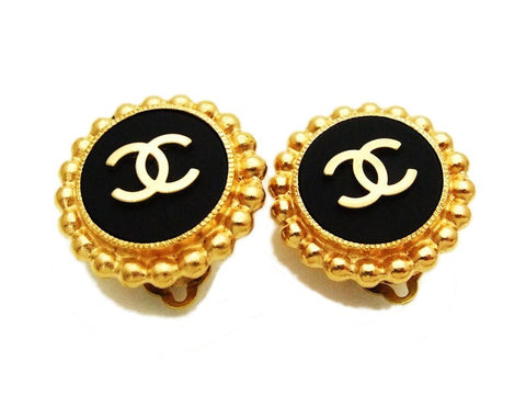 Authentic vintage Chanel earrings gold CC black round real clip on