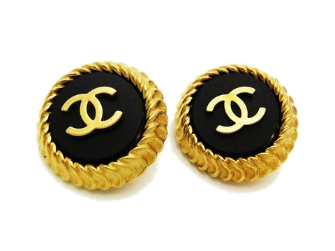 Authentic vintage Chanel earrings gold CC black notched round jewelry