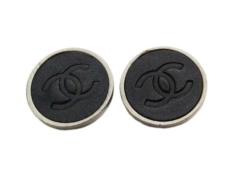 Authentic vintage Chanel earrings CC black leather round small